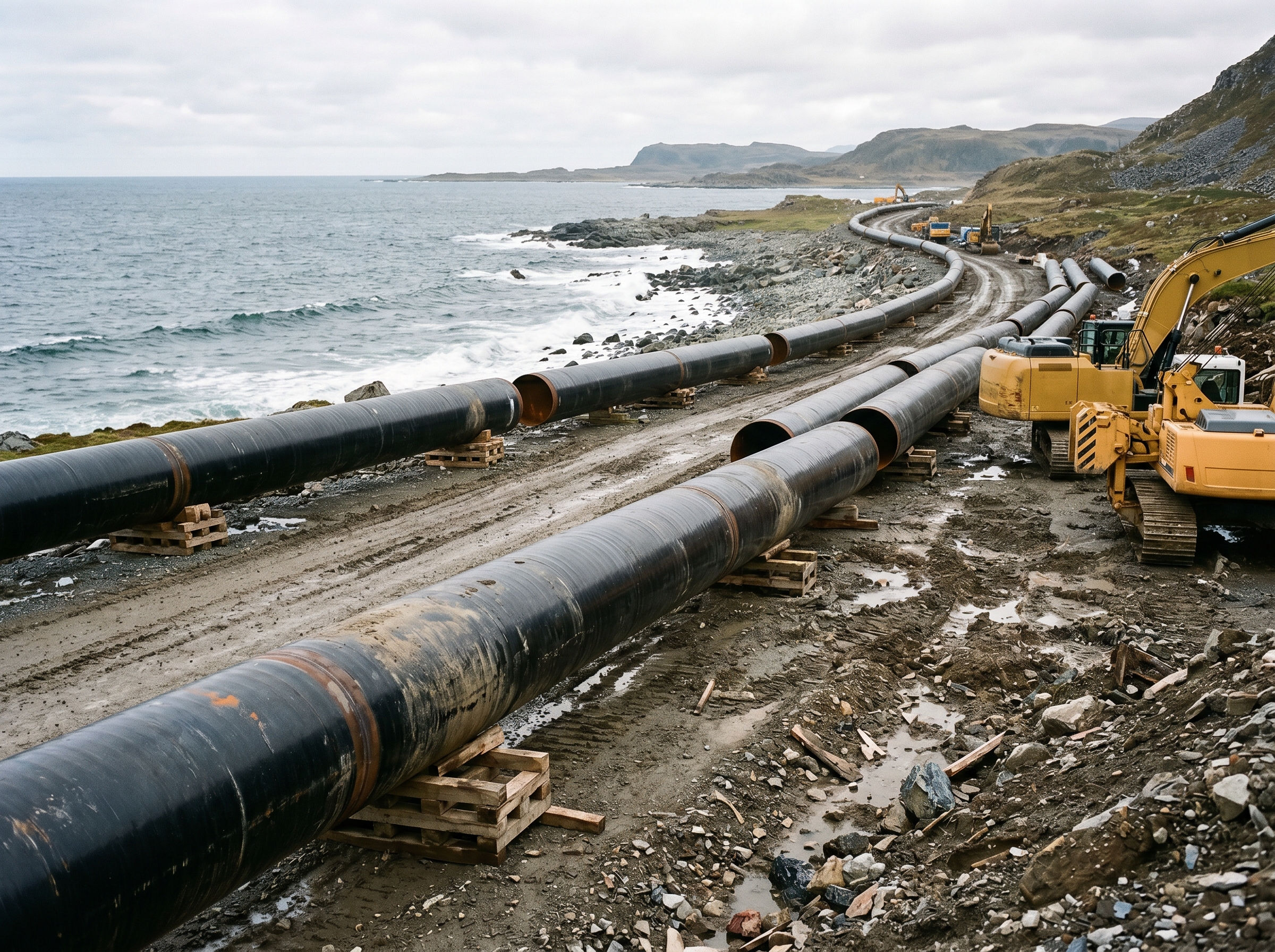 Coated steel pipeline under construction
